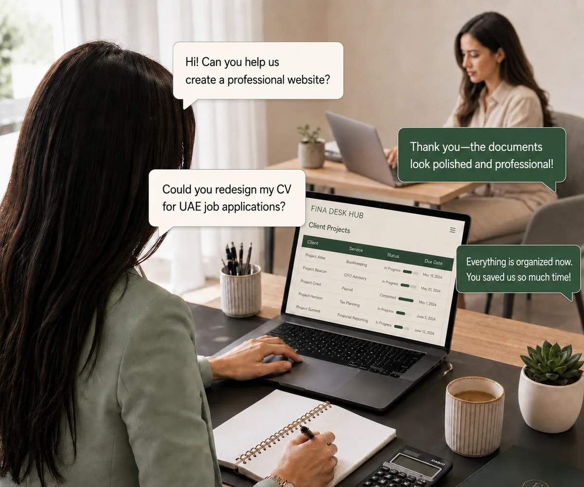 A professional at a laptop displaying the Fina Desk Hub client projects dashboard, with chat bubbles showing messages from happy clients