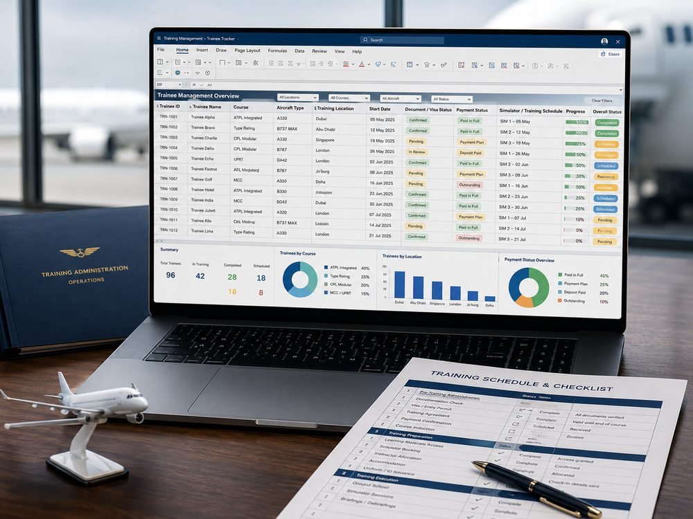 Laptop displaying a trainee management spreadsheet with status charts and a training checklist