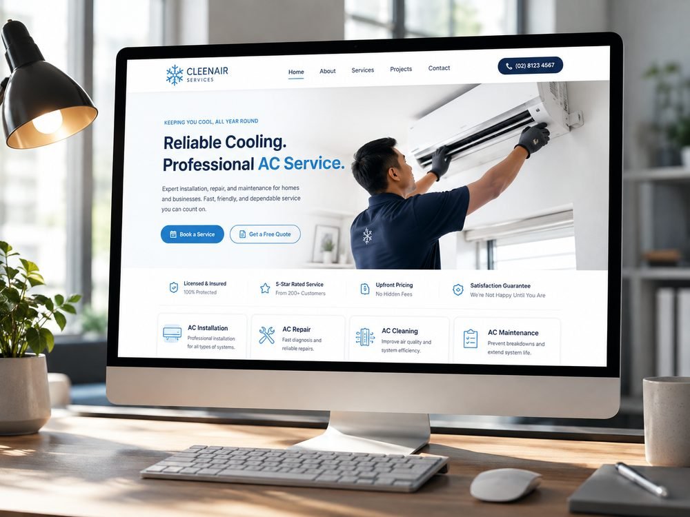 Desktop monitor displaying the CleenAir Services website homepage with booking and service cards