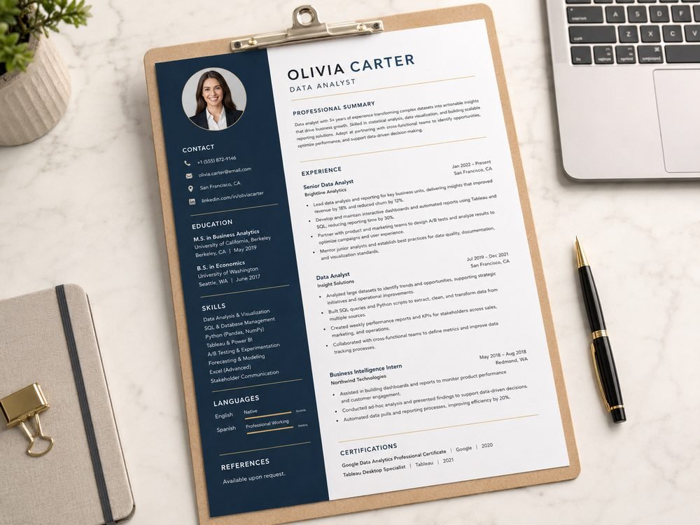 Printed professional CV on a clipboard with a portrait photo, contact details, and experience sections