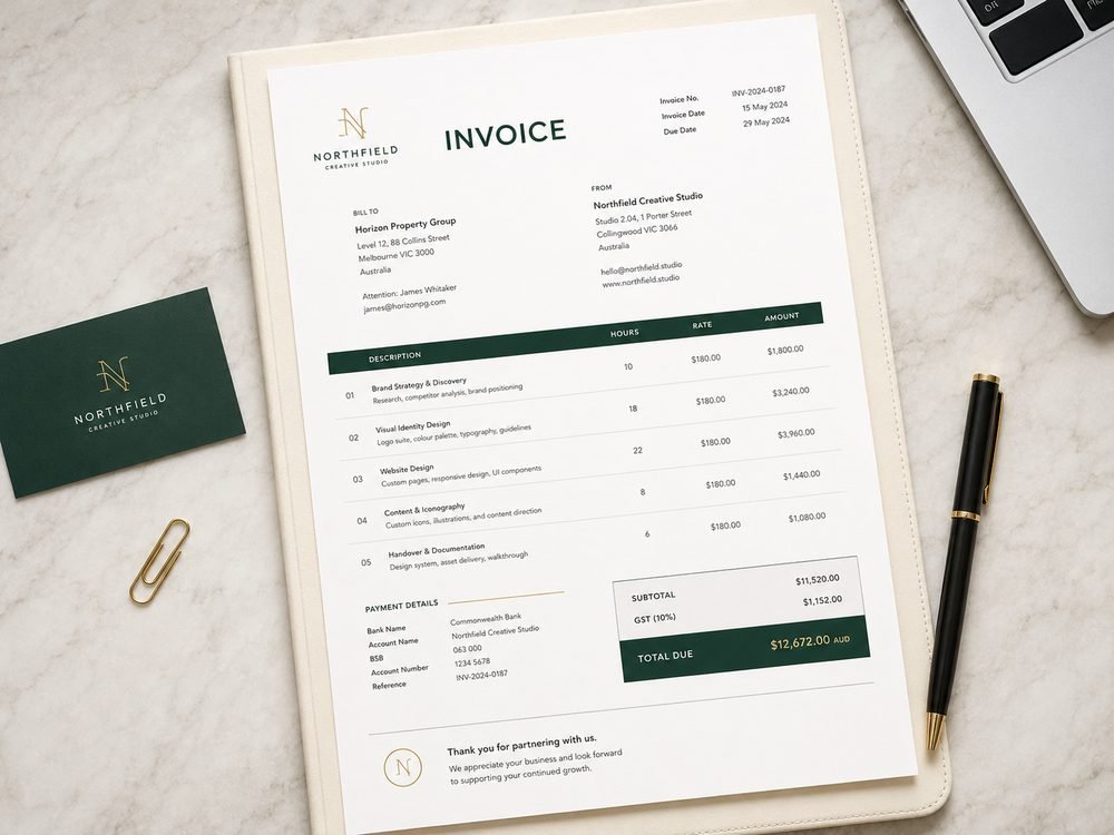 Printed invoice document with brand colours, itemised charges, and payment details