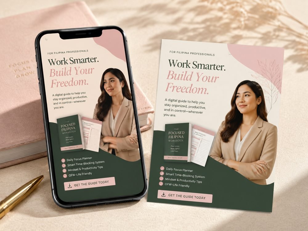 Phone and printed flyer displaying a social media promotional graphic for a digital guide